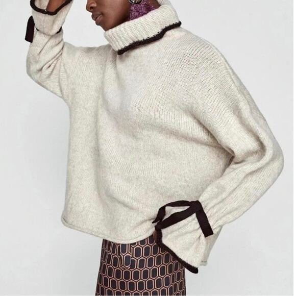 Zara Oversized Tie Sleeve Turtleneck Oatmeal Knit Sweater Size M - Picture 1 of 8